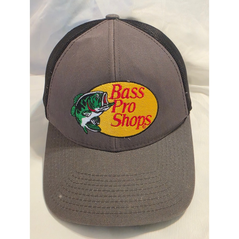 Bass Pro Shops Trucker Hat Gray‎ Black Mesh Snapback Fishing Cap Mens OSFM
